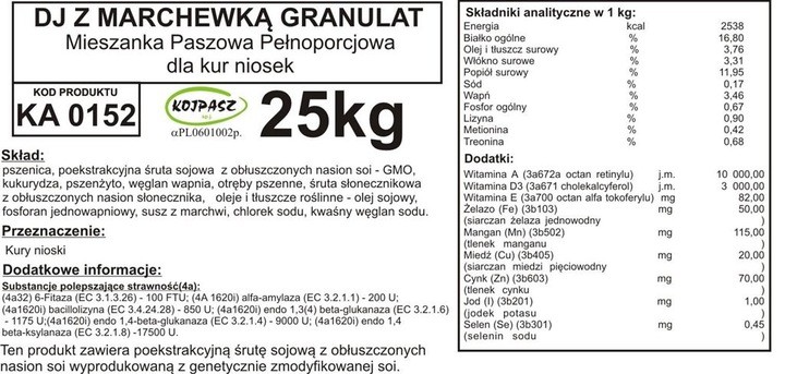 Pasza dla kur niosek DJ-1 z suszem z marchwii Granulat 25kg - obrazek 2