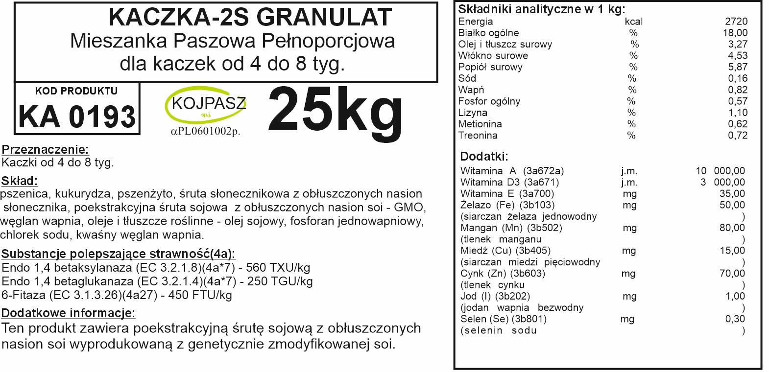 Pasza dla kaczek od 12 tygodnia życia Kaczka 2S Granulat 25kg - obrazek 2
