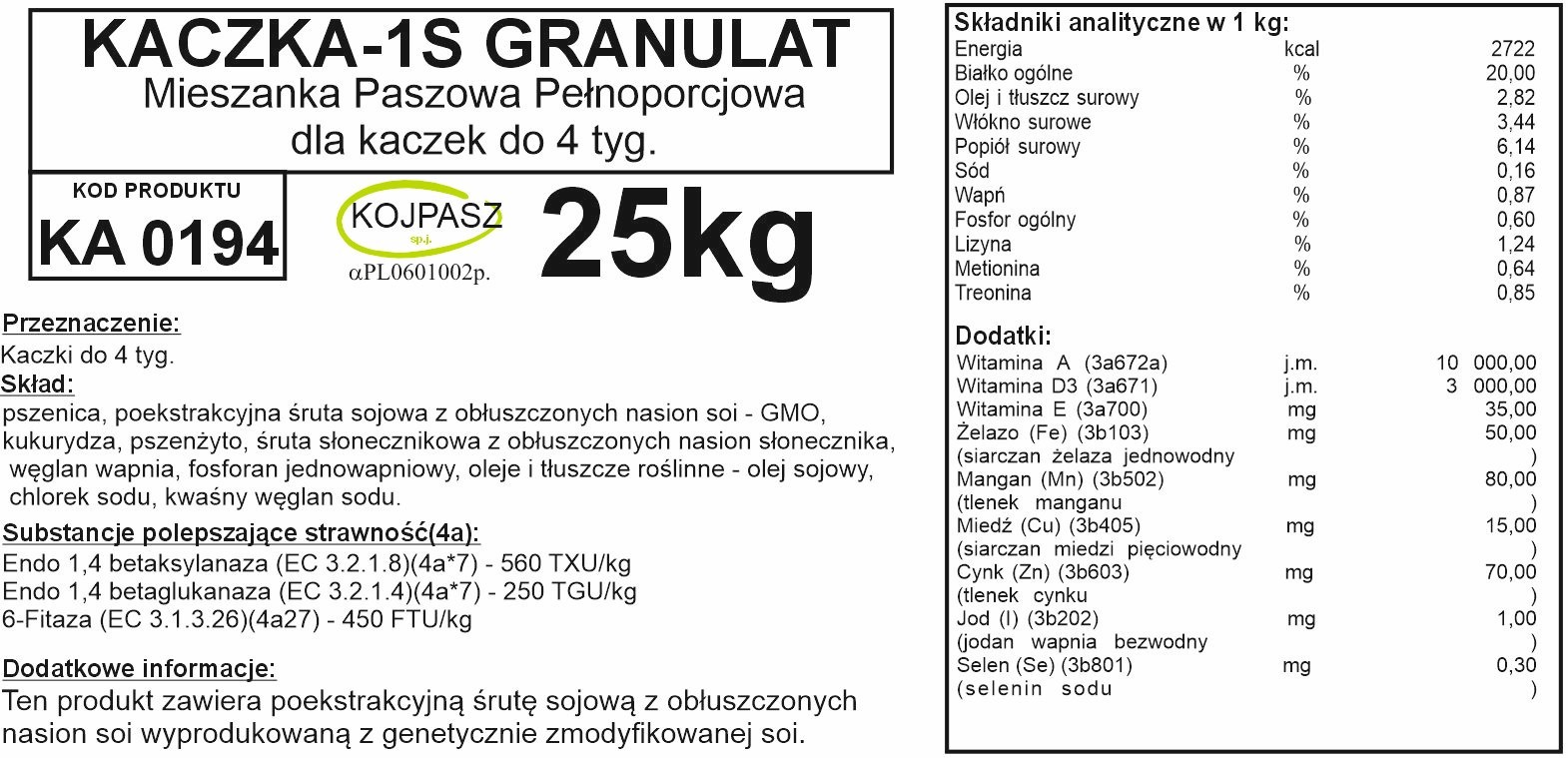 Pasza dla kaczek do 12 tygodnia życia Kaczka 1S Granulat 25kg - obrazek 2