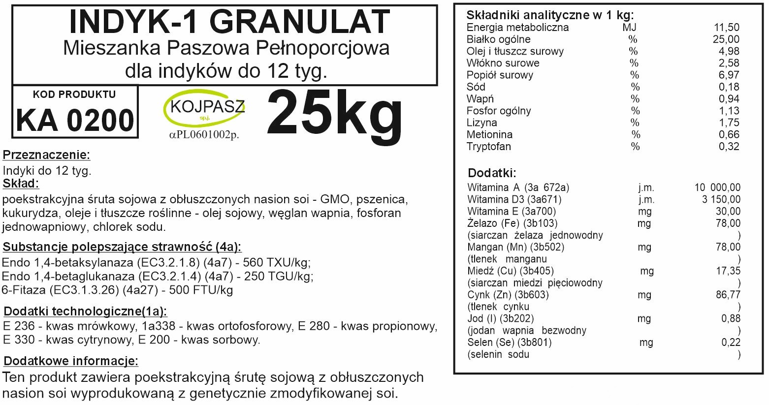Pasza dla indyków do 12 tygodnia życia Indyk 1 Granulat 25kg - obrazek 2