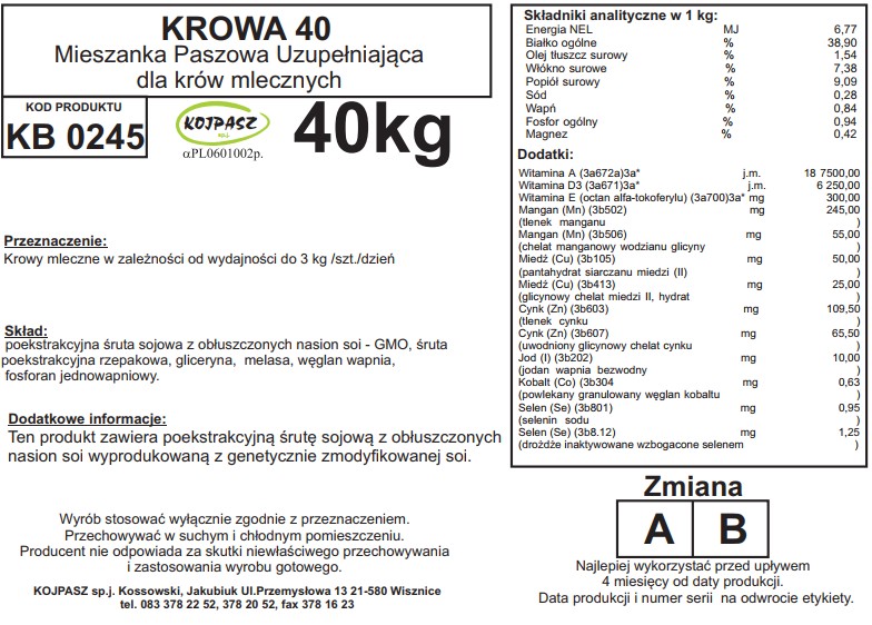 Wysokobiałkowa mieszanka dla krów mlecznych Krowa 40 25kg - obrazek 2